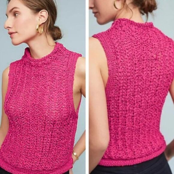 Anthropologie Moth Ribbon Knit Mock Neck Sleeveless Pink Top Boho - Picture 1 of 15